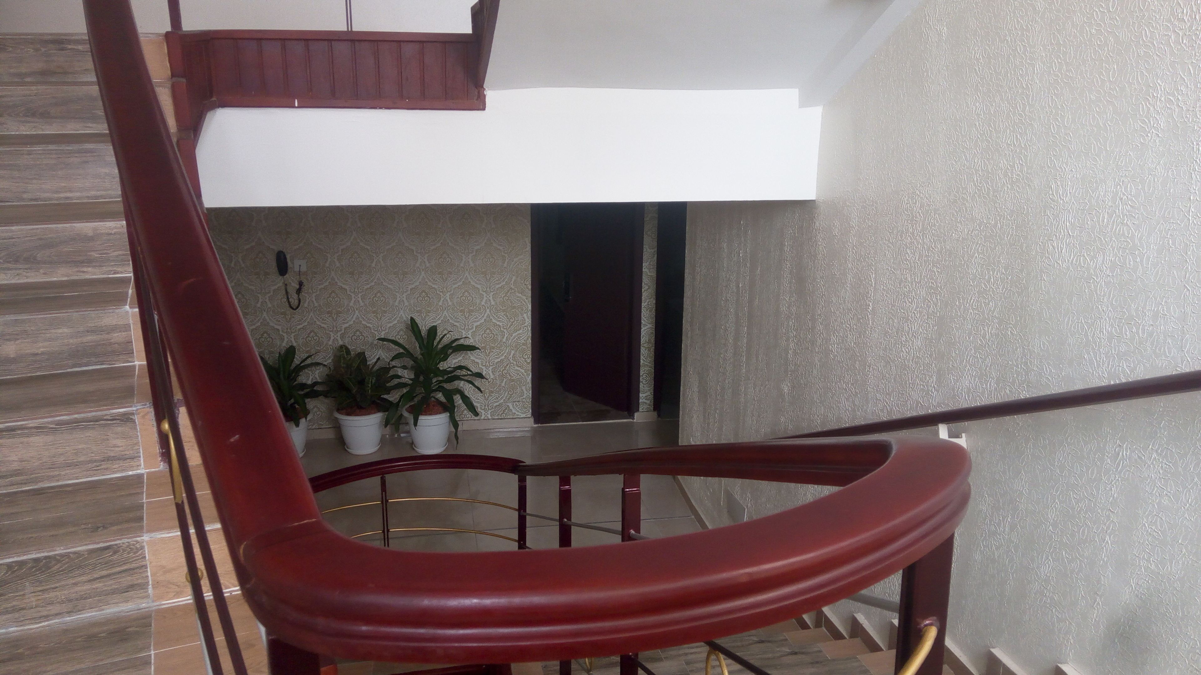A modern staircase with a red handrail, potted plants on the landing, and a textured wall.