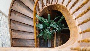 A wooden spiral staircase with a plant at the top. - La Caravelle (Ciboure)