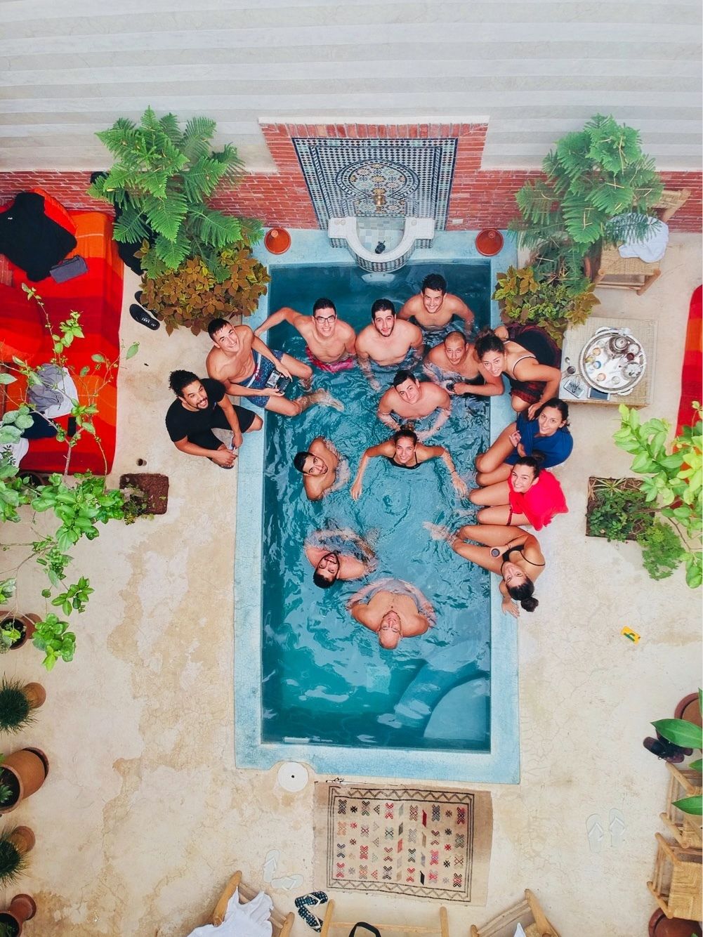 A swimming pool with people around it, surrounded by potted plants and a tiled wall.