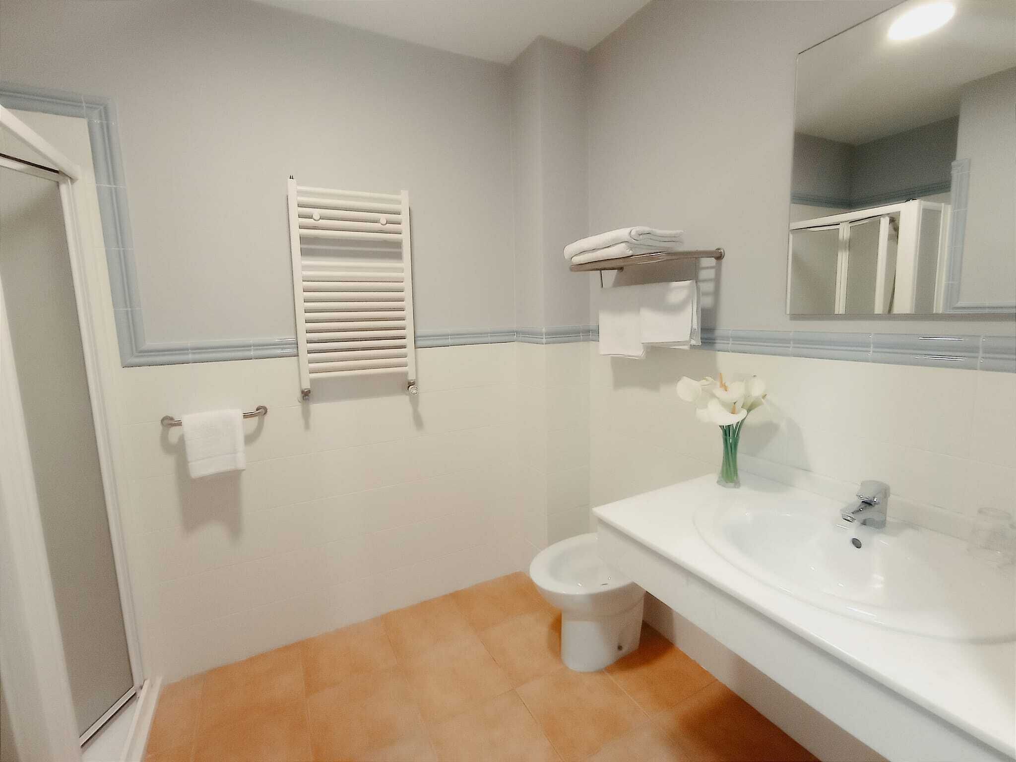 Een badkamer met een witte wastafel, toilet, handdoekhouder en spiegel.