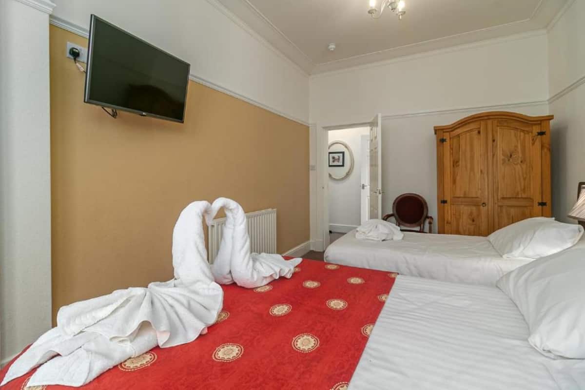 Une chambre d’hôtel avec deux lits, une moquette rouge à motifs, une armoire en bois, un téléviseur fixé au mur et un radiateur.
