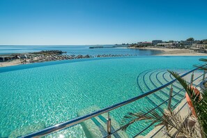 A clear blue pool with a view of the beach and ocean.