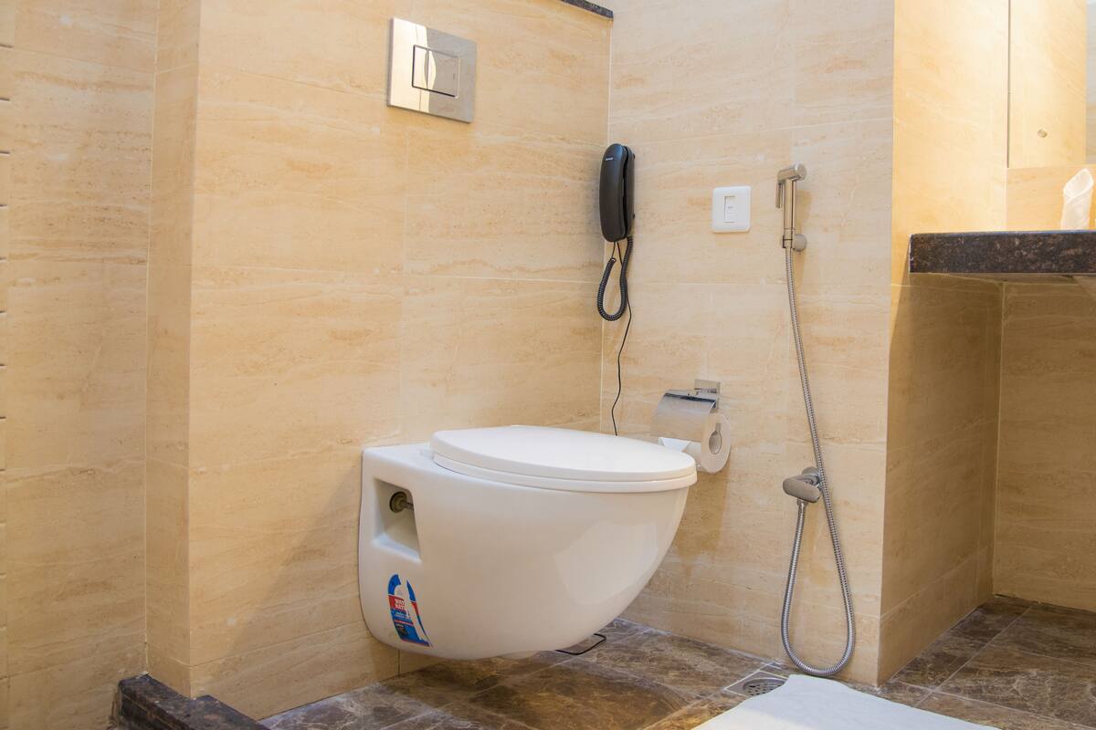 shower, hydromassage showerhead, designer toiletries, hair dryer