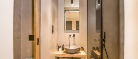Un baño moderno con un lavamanos grande, un espejo y una ducha.