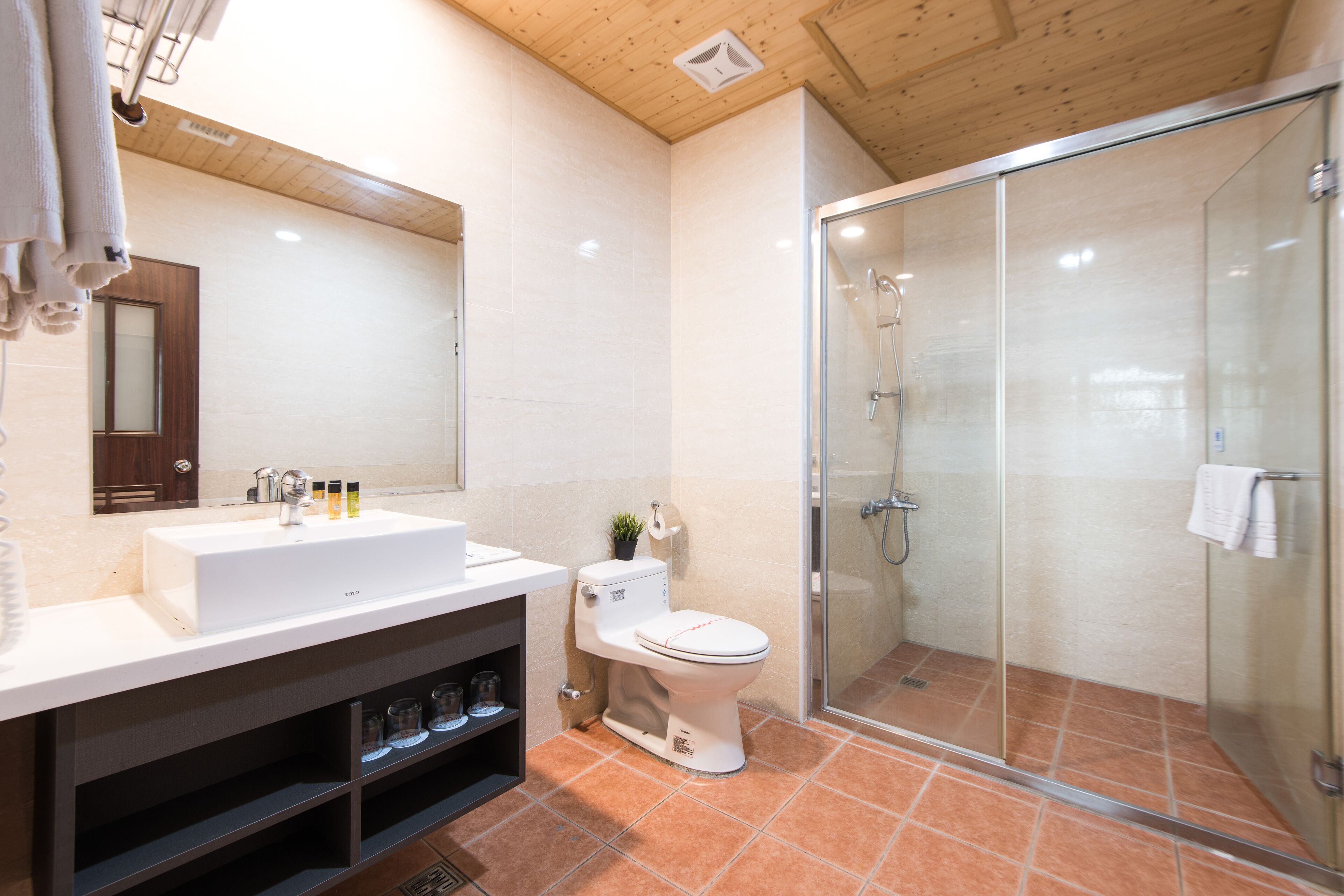 shower, rainfall showerhead, hair dryer, slippers