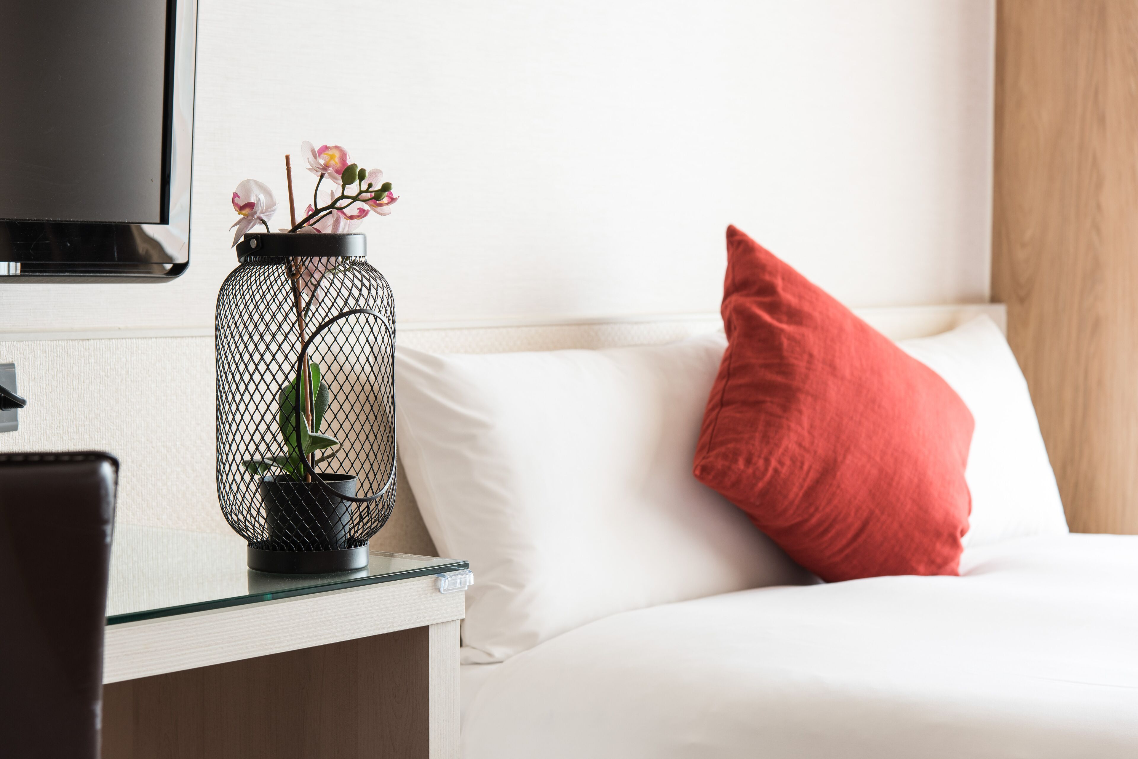 A modern living room with a white sofa, a red pillow, and a glass table with a potted plant.