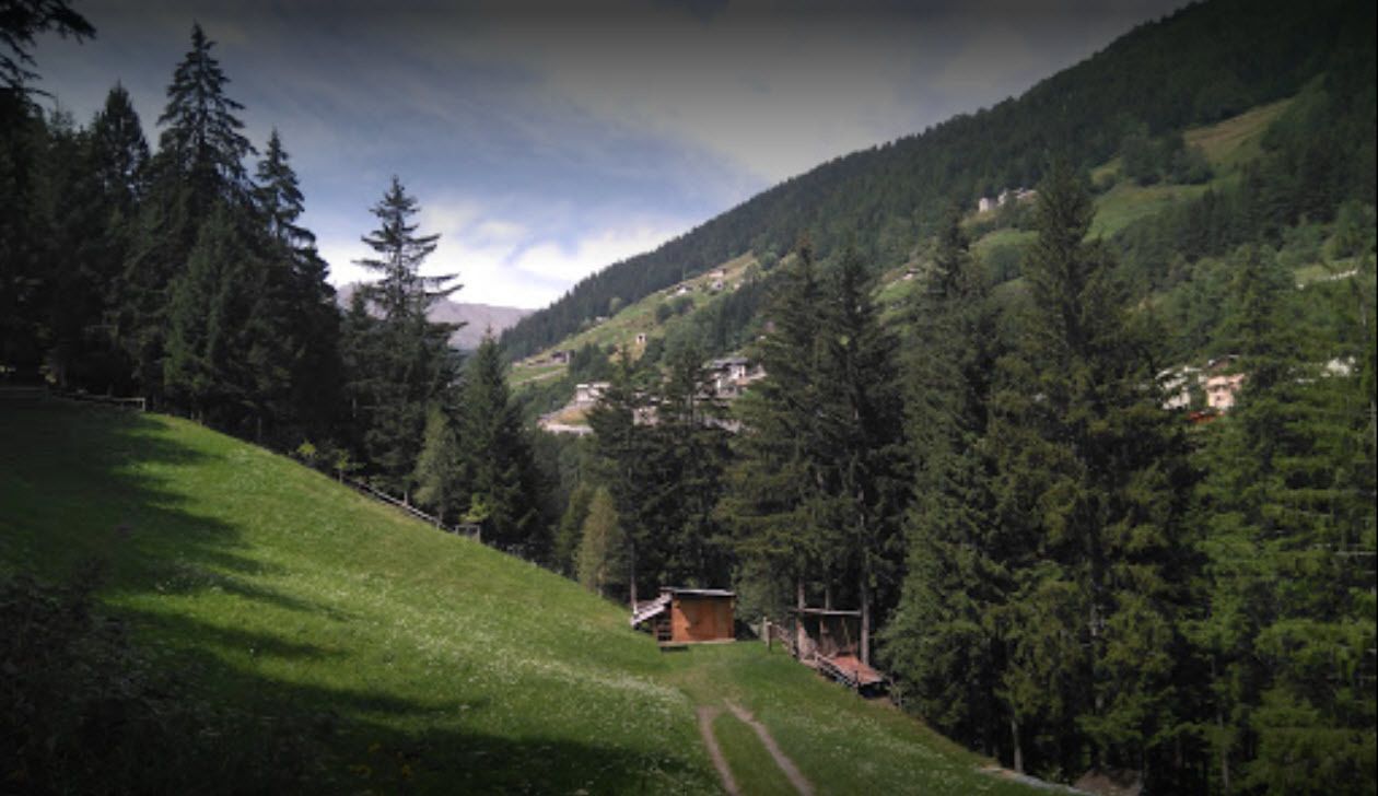 Eine Berglandschaft mit einer kleinen Hütte, umgeben von dichtem Wald.