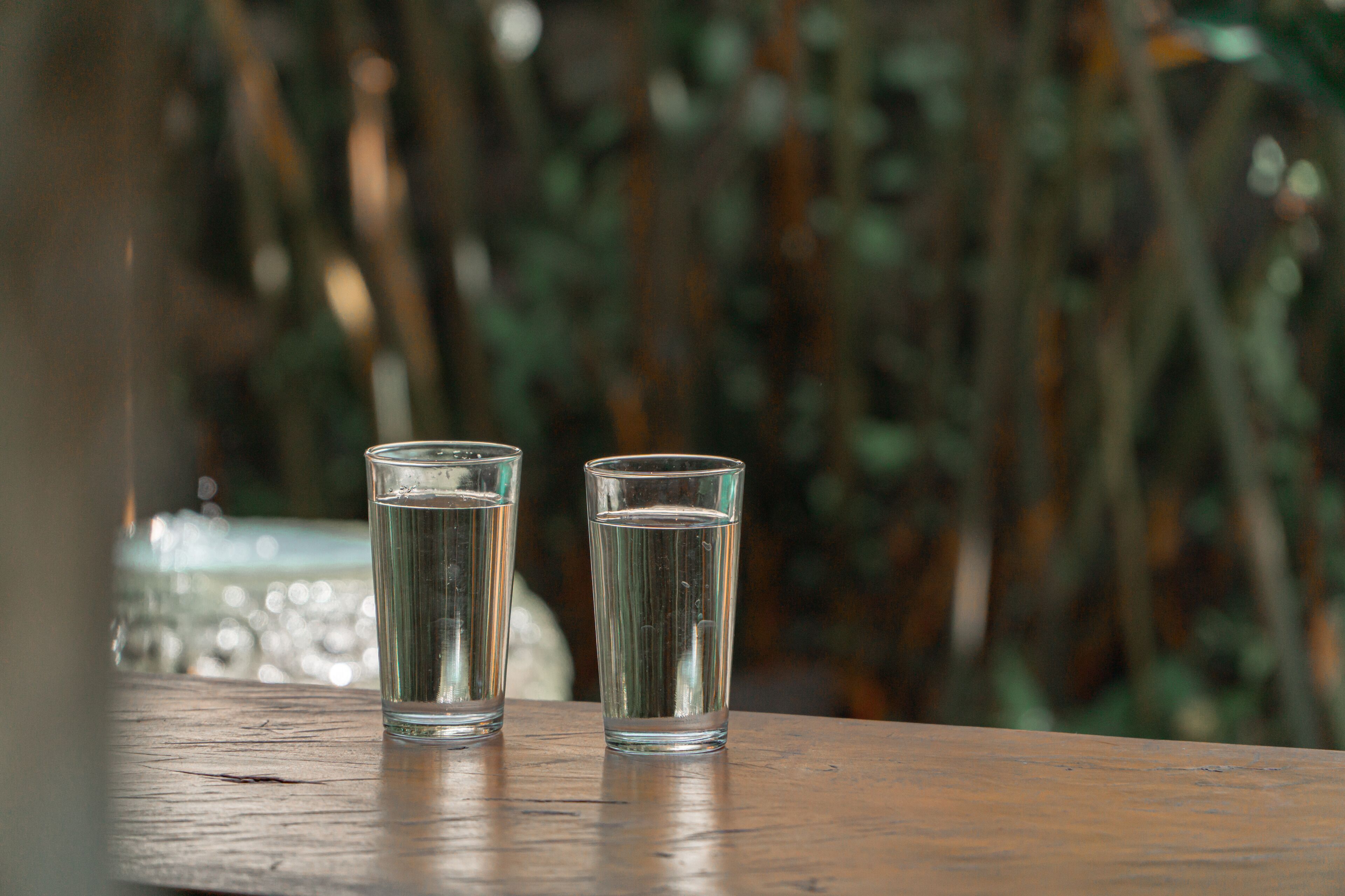 Dos vasos de agua sobre una superficie de madera, con un fondo desenfocado de vegetación.
