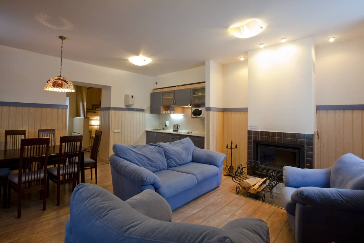 A living room with a sofa, chairs, a dining table, and a fireplace.
