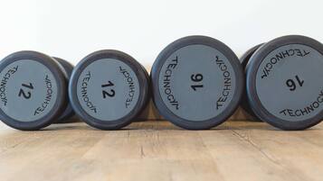 Four weight plates labeled with numbers 12, 13, 14, and 16, arranged in a row on a wooden surface.