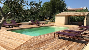 Outdoor pool, pool umbrellas, pool loungers