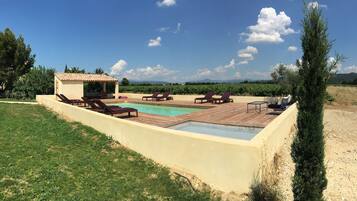 Outdoor pool, pool umbrellas, sun loungers