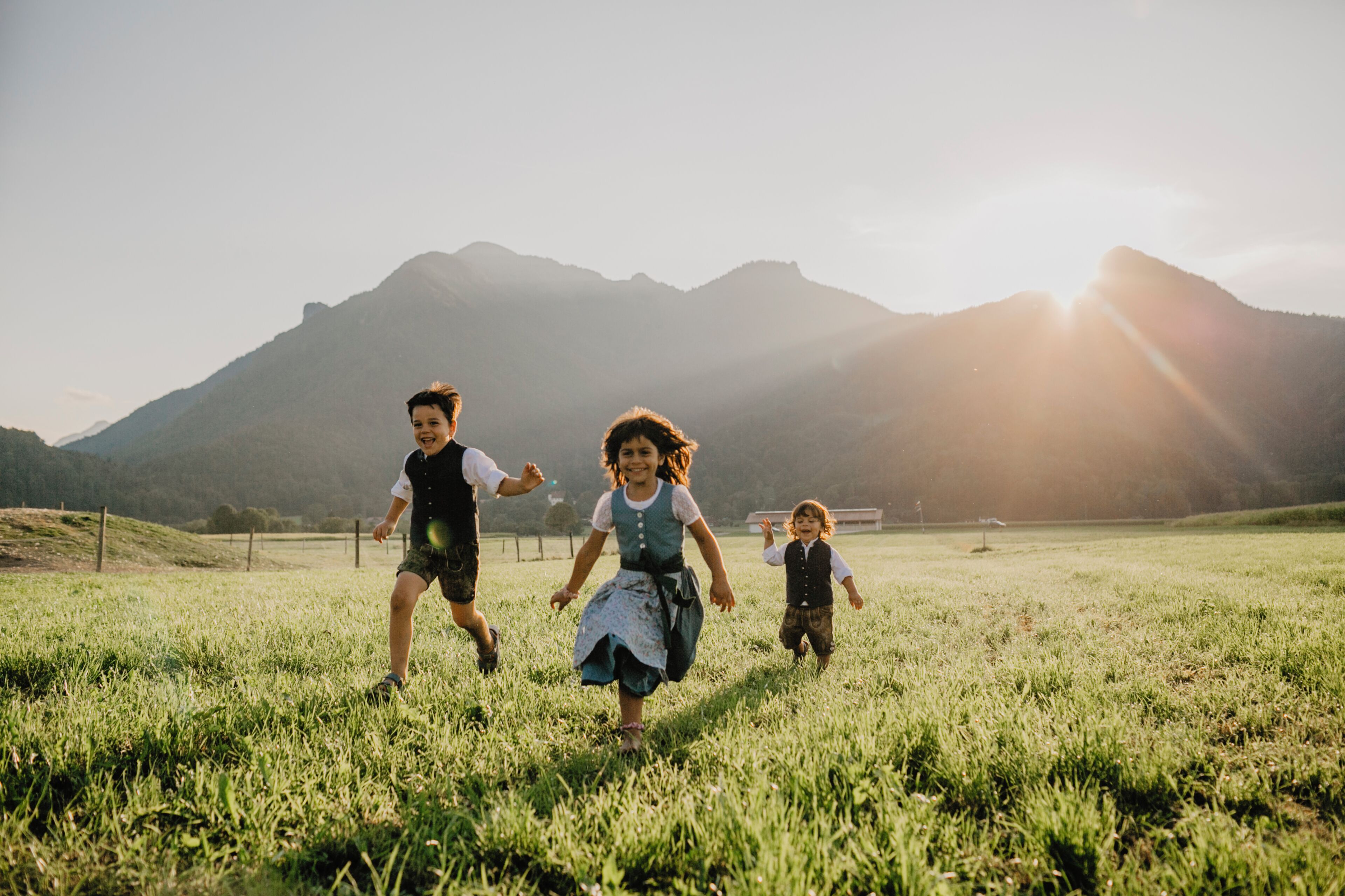 A grassy field with mountains in the background.