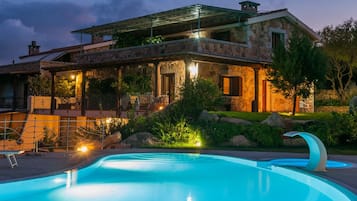 Seasonal outdoor pool, pool umbrellas, pool loungers