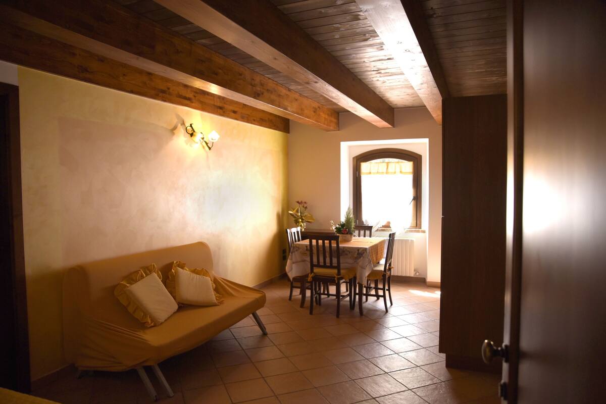 A room with a sofa, dining table, chairs, and a door.