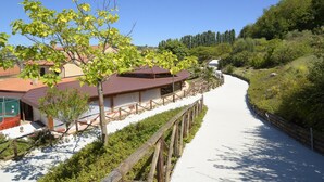 A pathway leading to a building with a red roof, surrounded by greenery and trees. - L'Oasi di Pierino (Ponzano di Fermo)