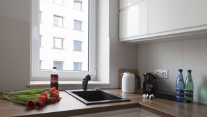 Cozinha moderna com janela, pia e bancada.