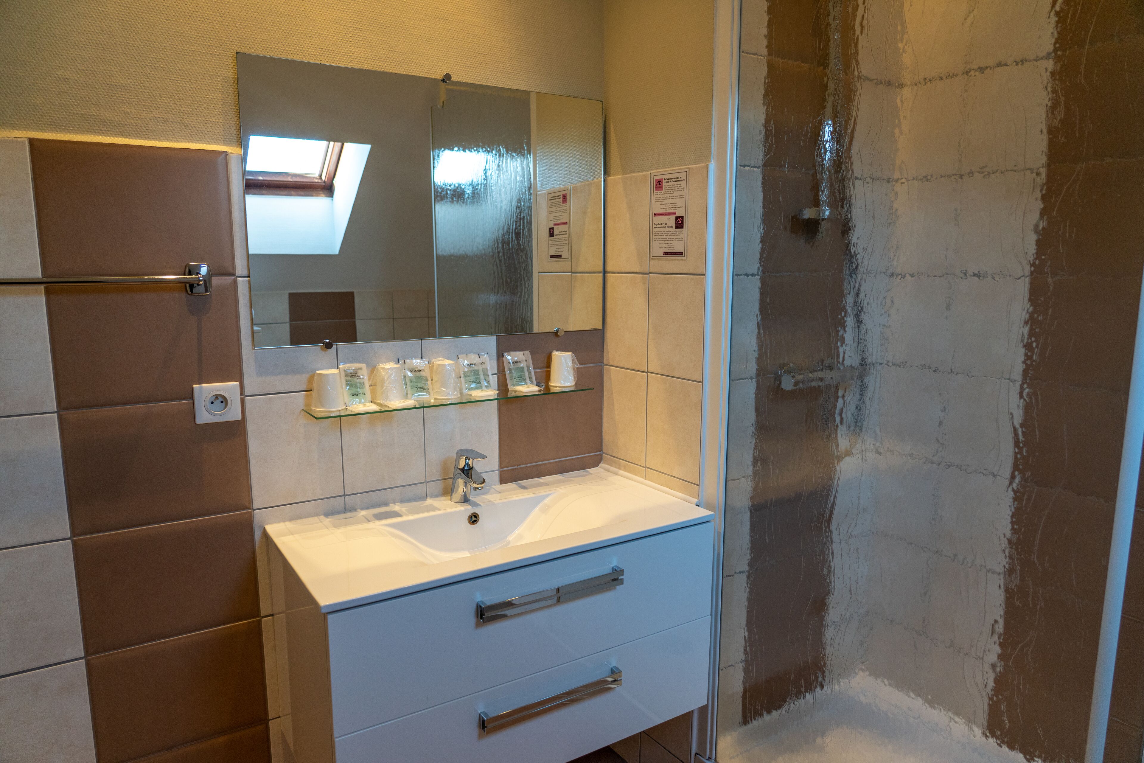 family room | bathroom | shower, hair dryer, towels