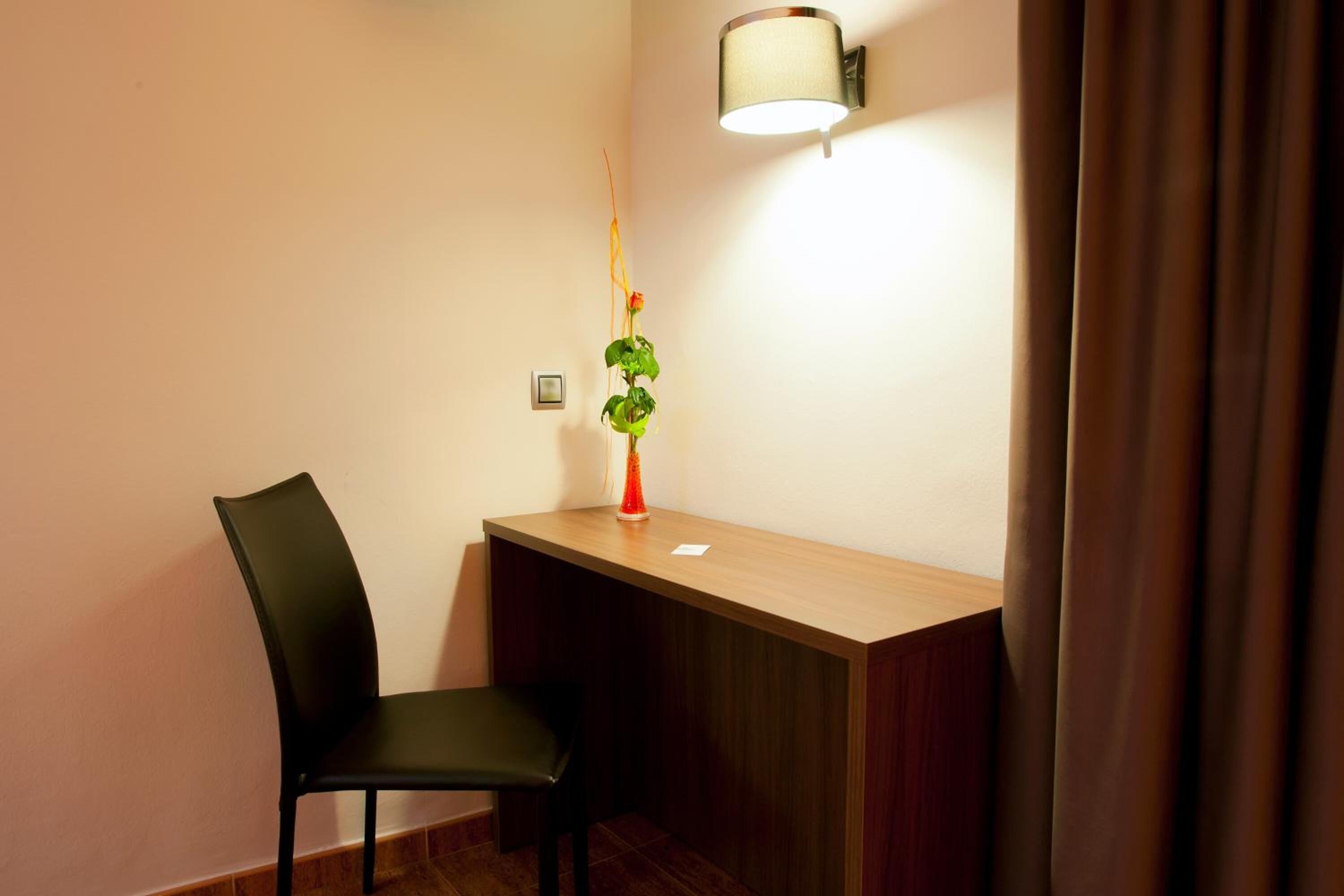 A corner of a room with a wooden desk, a black chair, and a tall plant with a red vase.