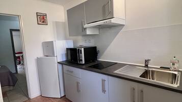 Family Apartment, Terrace, Ground Floor | Private kitchen | Microwave, oven, stovetop, highchair