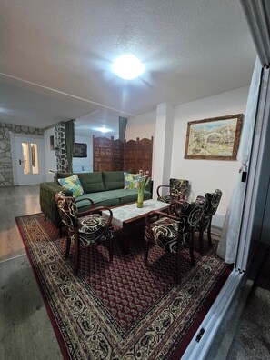 Monolocale, terrazzo | Area soggiorno | TV a schermo piatto