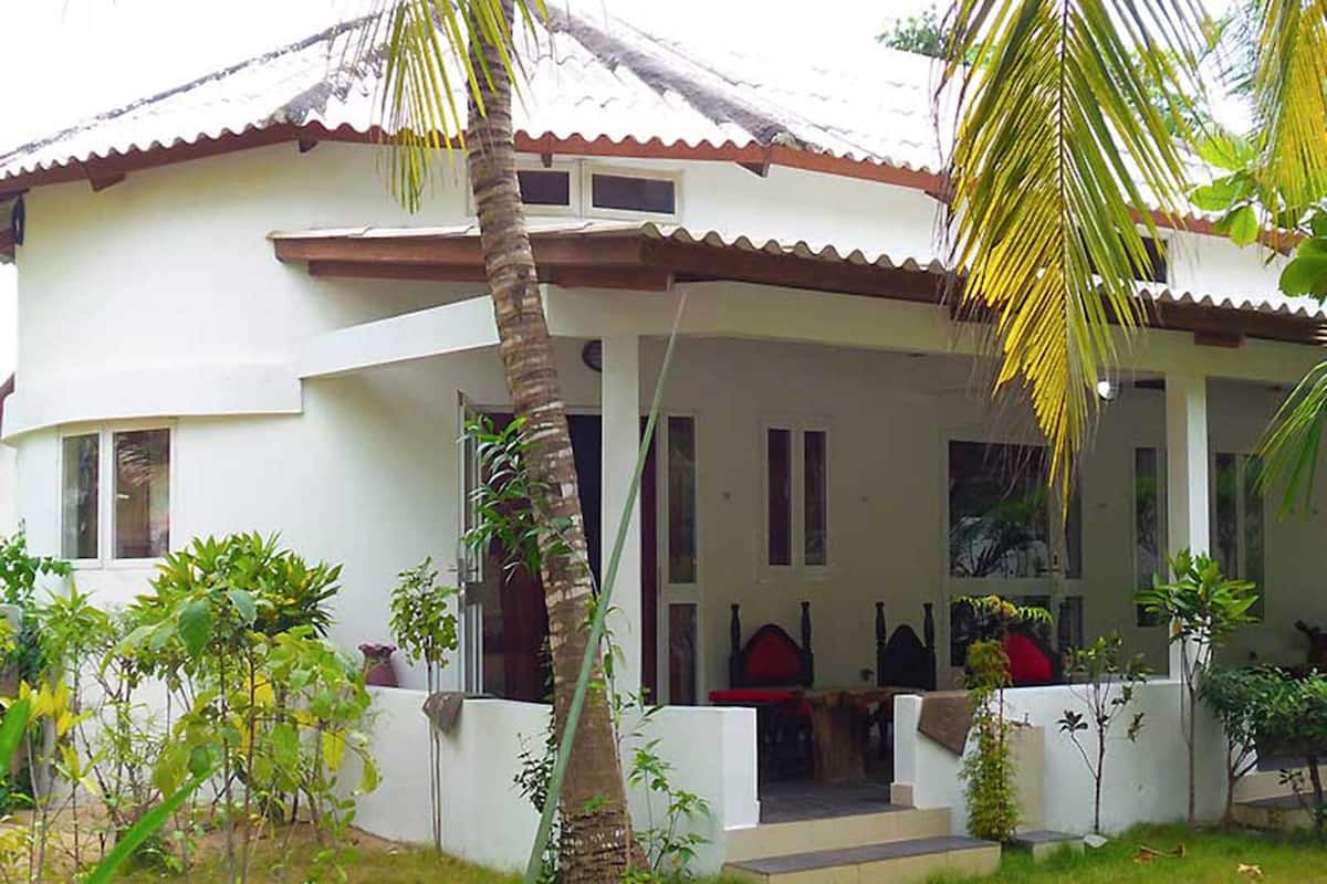 Una casa de dos pisos con un porche cubierto, rodeada de follaje y palmeras.