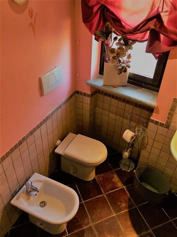 A small bathroom with a toilet, bidet, and sink. - Cascina Baresane (Alba)