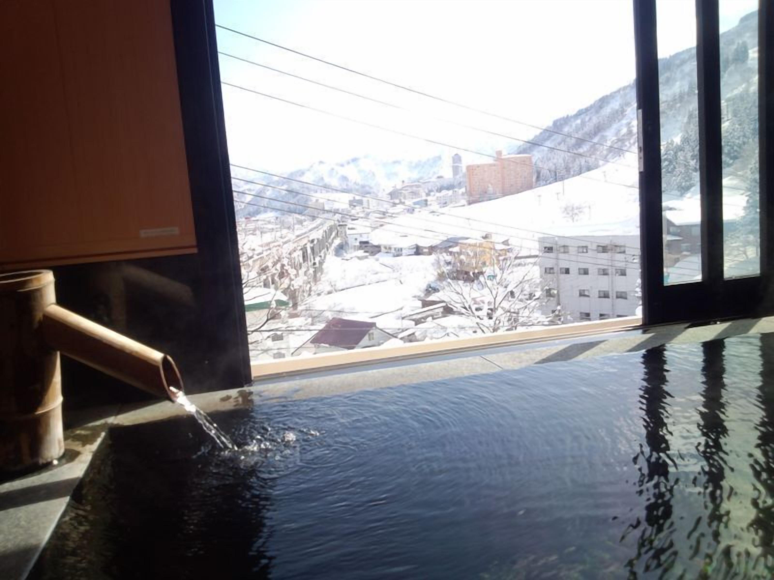 Vista a través de una ventana, con un elemento acuático en primer plano.