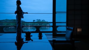 Silhueta de uma pessoa parada perto de uma superfície refletora, com vista para um corpo d'água e vegetação, e visualizando o interior de um edifício.