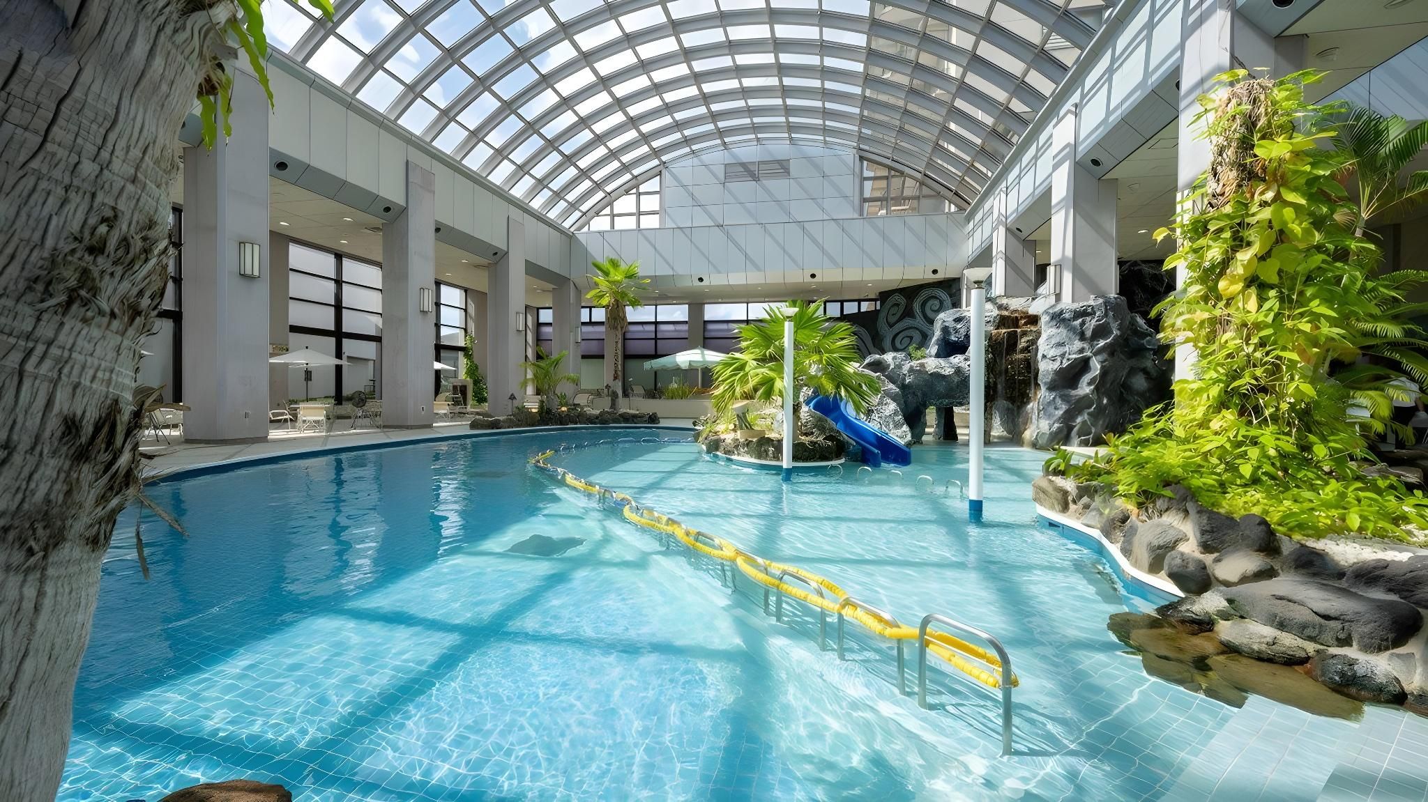 Ein Hallenbad mit Glasdach, Rutsche und tropischer Bepflanzung.