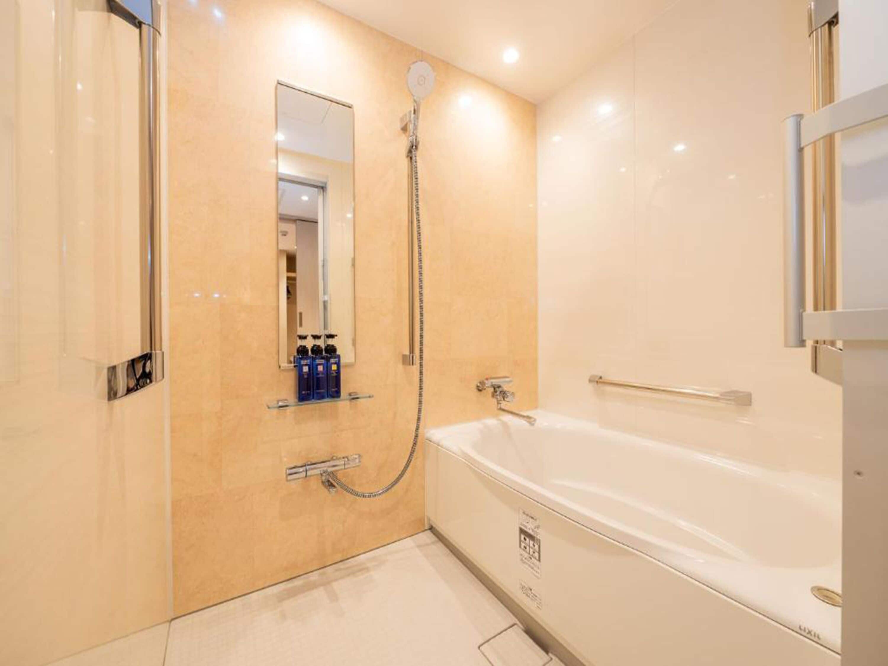 A modern bathroom with a large bathtub, a handheld showerhead, and a mirror.