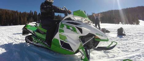 A snowmobile with a green and white color scheme, a person riding it, and a snowy landscape with trees in the background.