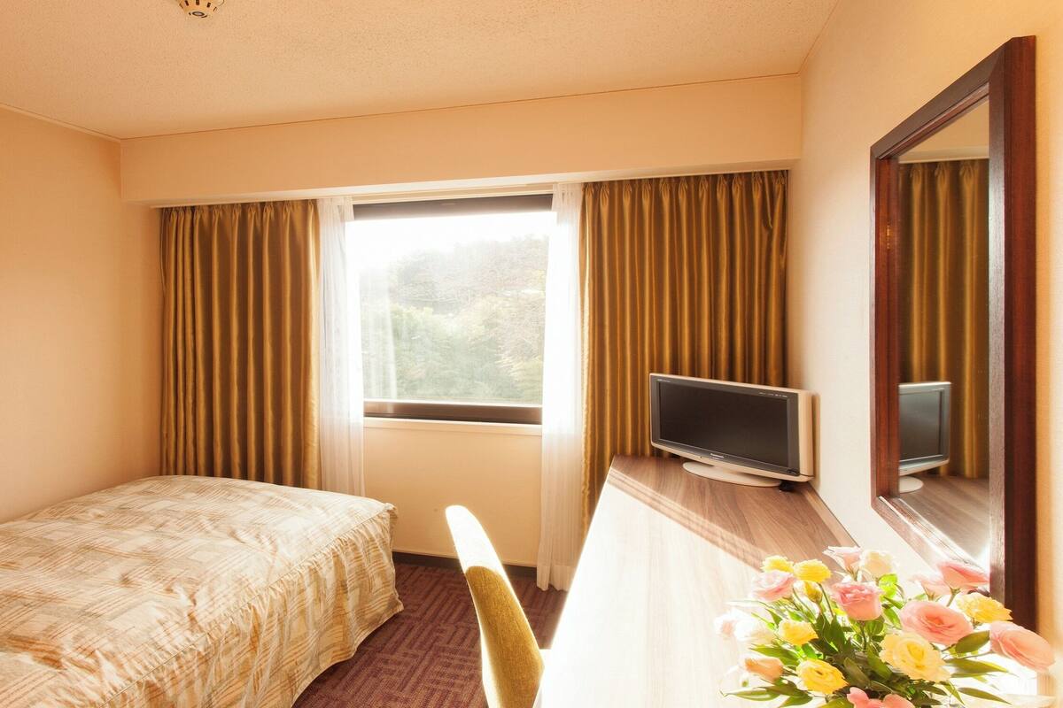 Una habitación de hotel con una cama, un escritorio con televisor, una silla, una ventana con cortinas y un cuadro en la pared.
