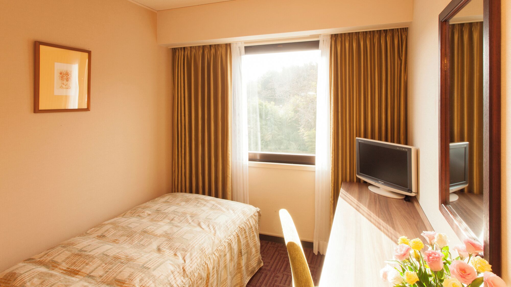 A hotel room with a bed, a TV, a desk, and a window with curtains.