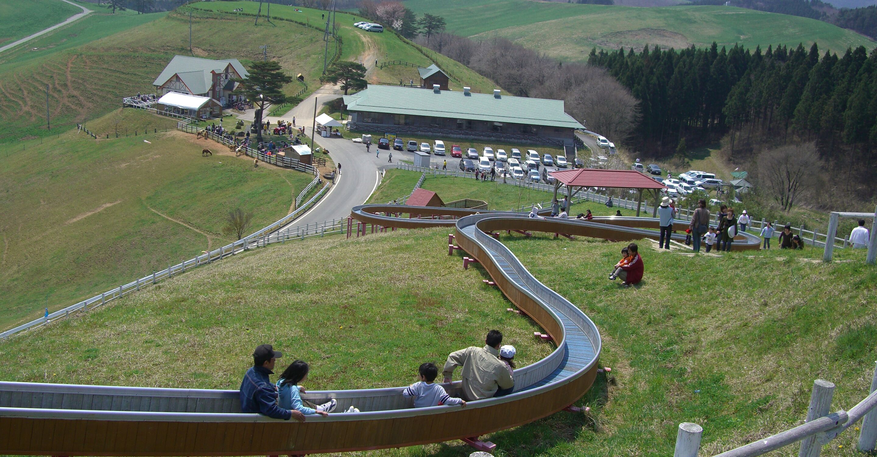 A rural setting with a winding wooden slide, a large barn, and a parking area.