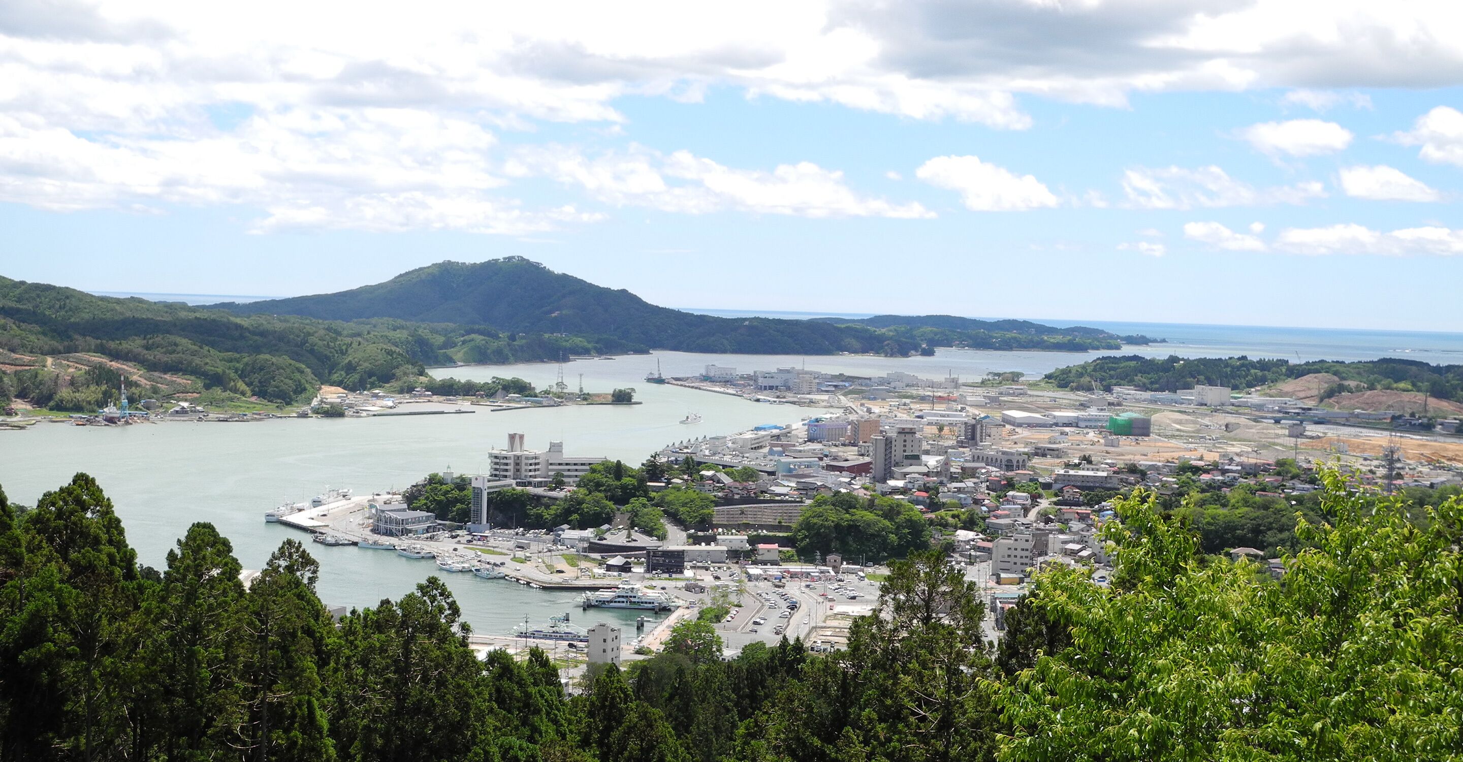 A coastal cityscape with a marina, buildings, and a mountain in the background.