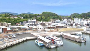 A waterfront area with a ferry dock, buildings, and a mountainous backdrop. - Hotel Pearl City Kesennuma (Kesennuma)