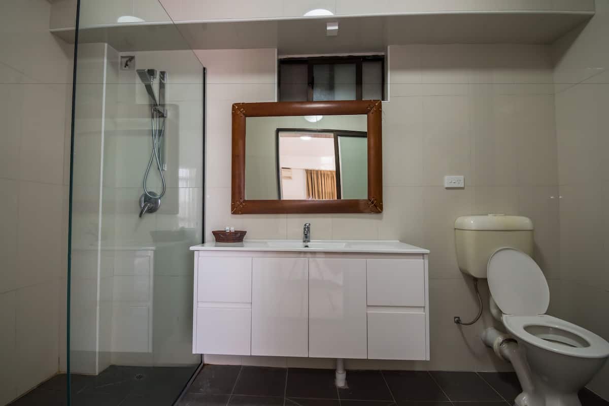 deluxe twin room (pool view) | bathroom amenities | shower, free toiletries, hair dryer