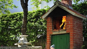 A brick outdoor oven with a green door, surrounded by a stone wall and a tree. - Green Garden apartment (Split)