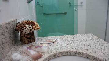 Shower, free toiletries, hair dryer, towels