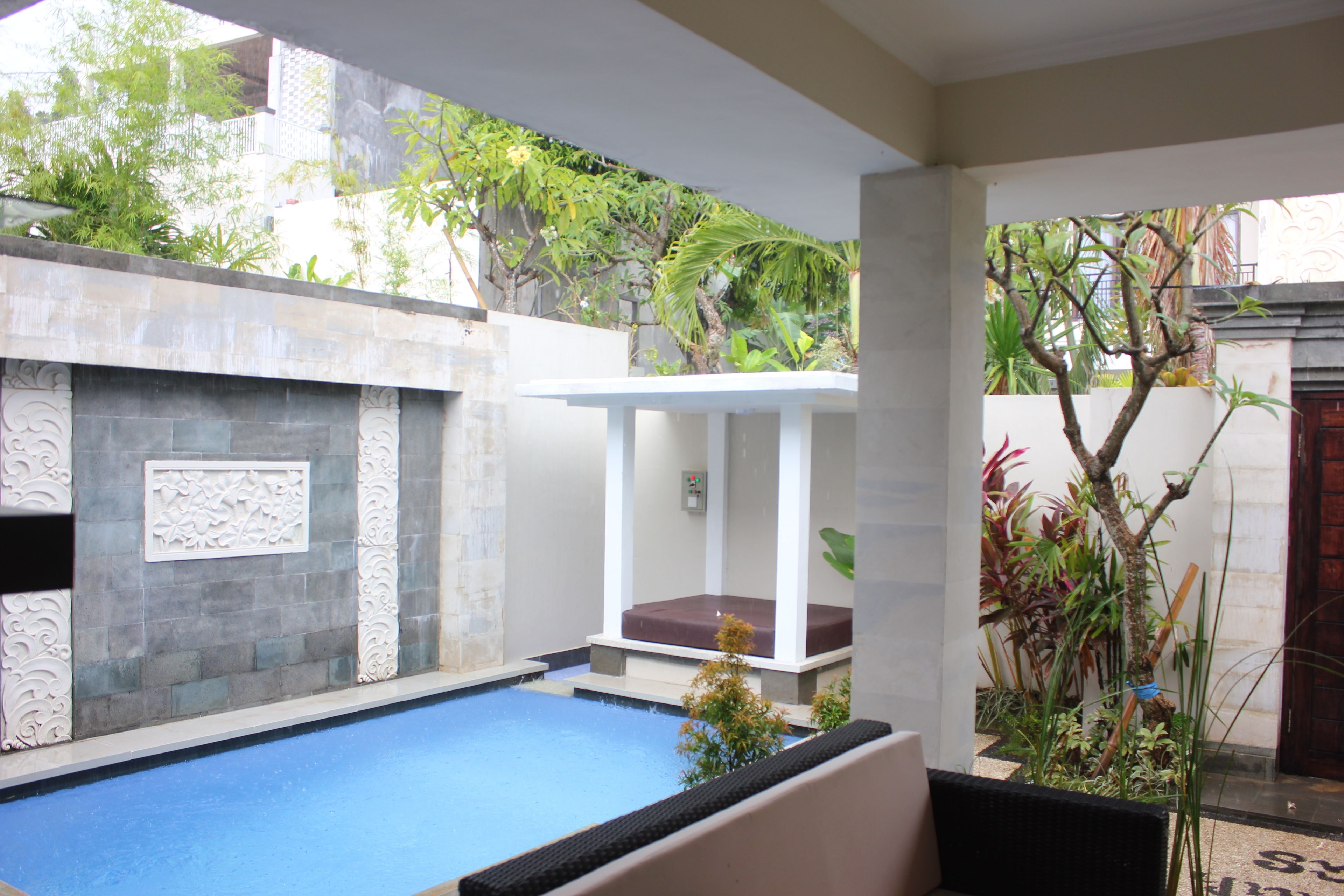 A swimming pool with a white bench and a small plant in the foreground.