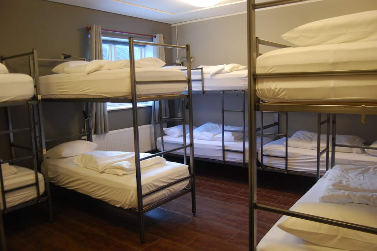 A dormitory room with bunk beds, a window with curtains, and a radiator.