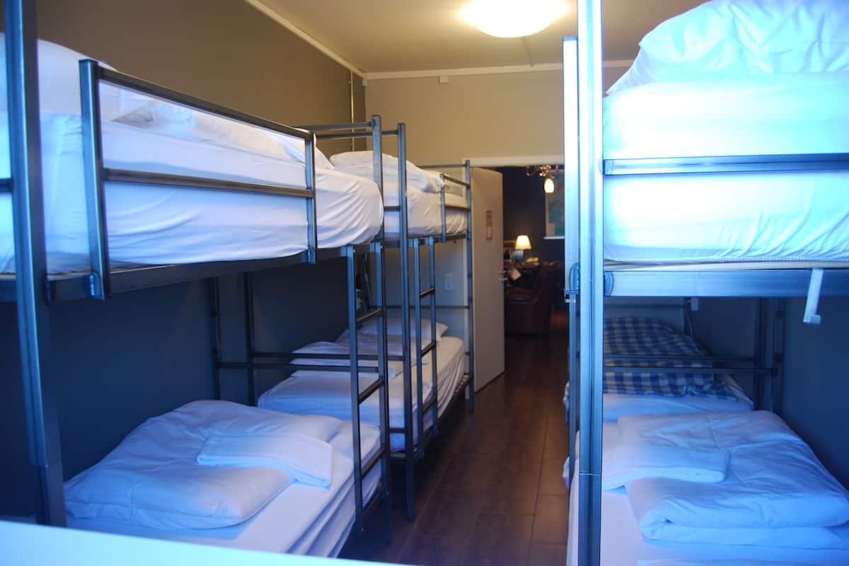 A dormitory room with bunk beds arranged in two rows.