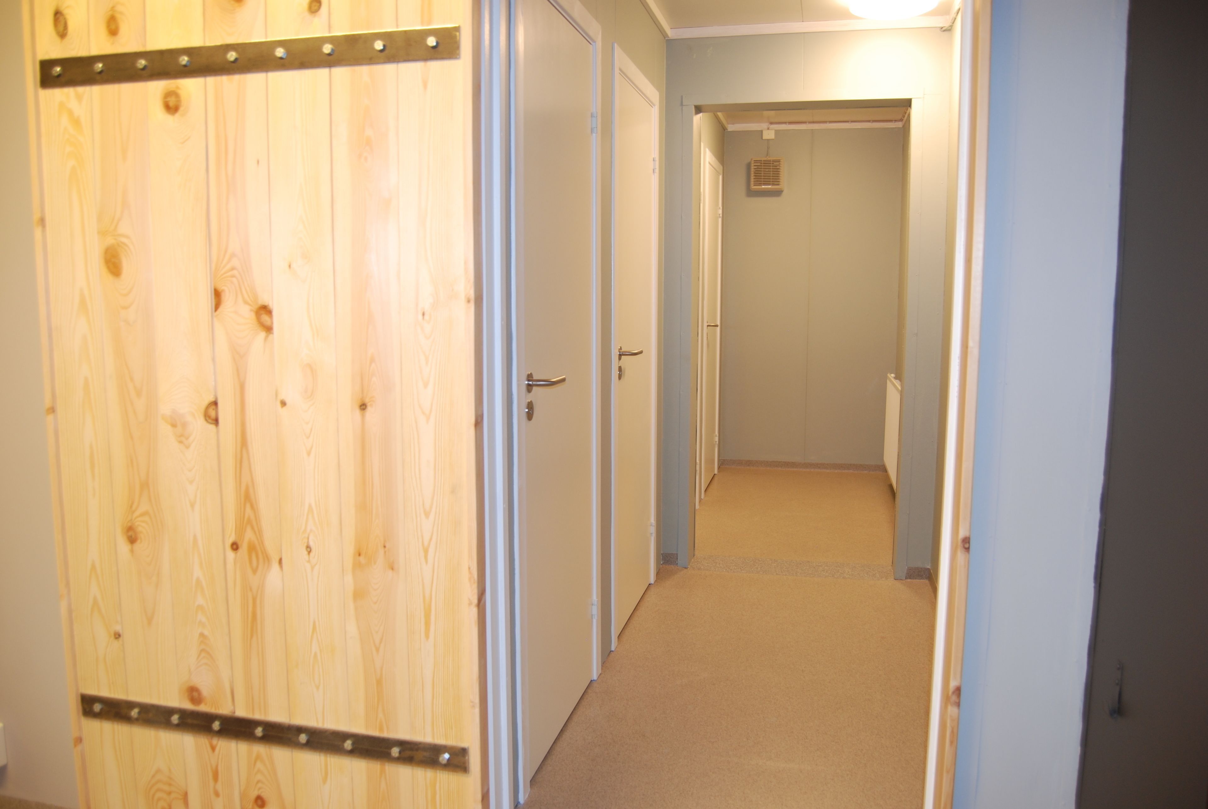 A hallway with wooden doors and a carpeted floor.