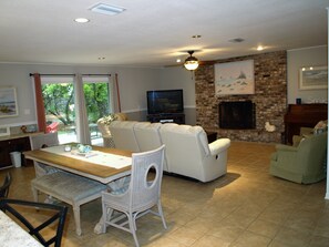 Smart TV, fireplace, video games, DVD player
