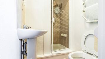 A bathroom with a sink, toilet, and glass-enclosed shower.
