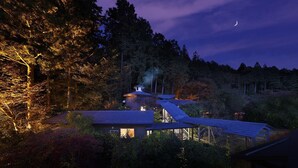 A house with a sloped roof, surrounded by dense forest.