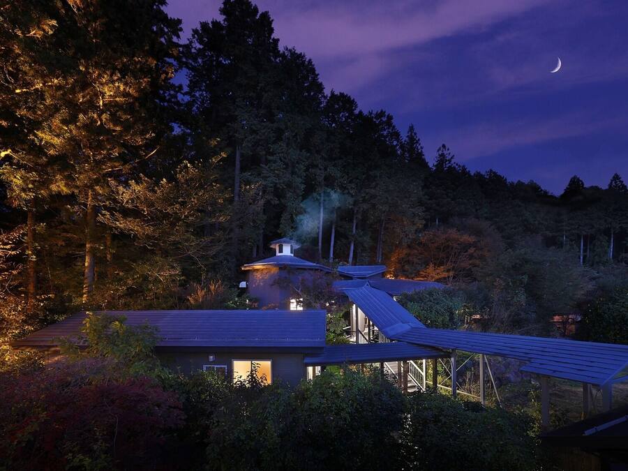 A house with a sloped roof, surrounded by dense forest.