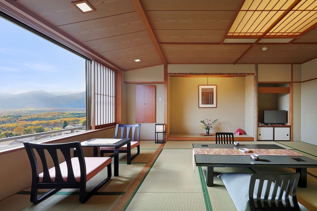 A traditional Japanese-style room with tatami flooring, a low table with cushions, and a television on a cabinet.