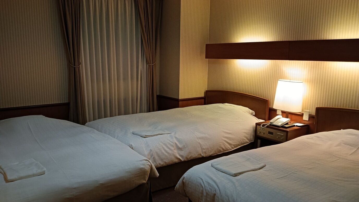 A hotel room with two single beds, a bedside table with a lamp, and a telephone.